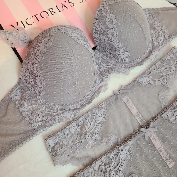 VS Dream Angels 3pc Bra & Panties Set Size 34E/med ☆ Gray Dotted Lace - Picture 3 of 7